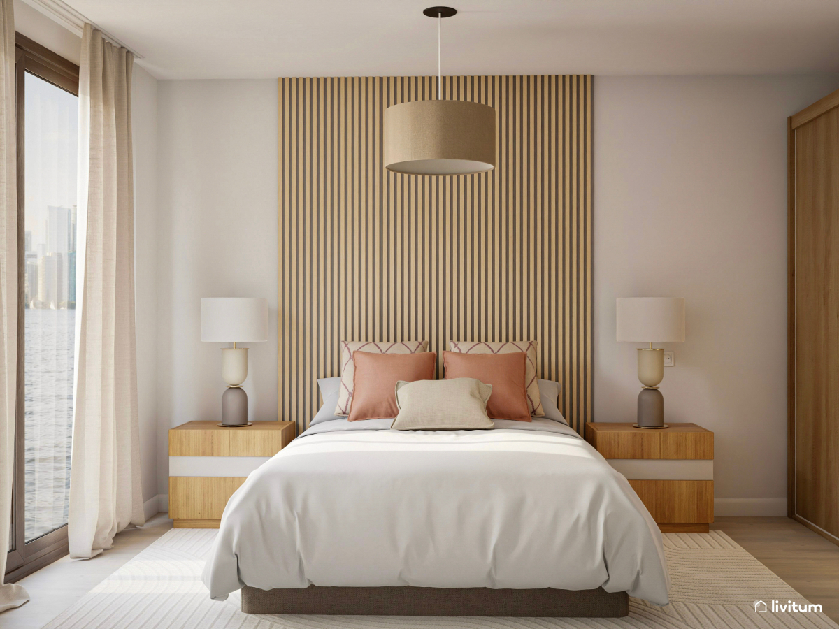 Dormitorio nórdico en tonos rosas y listones de madera