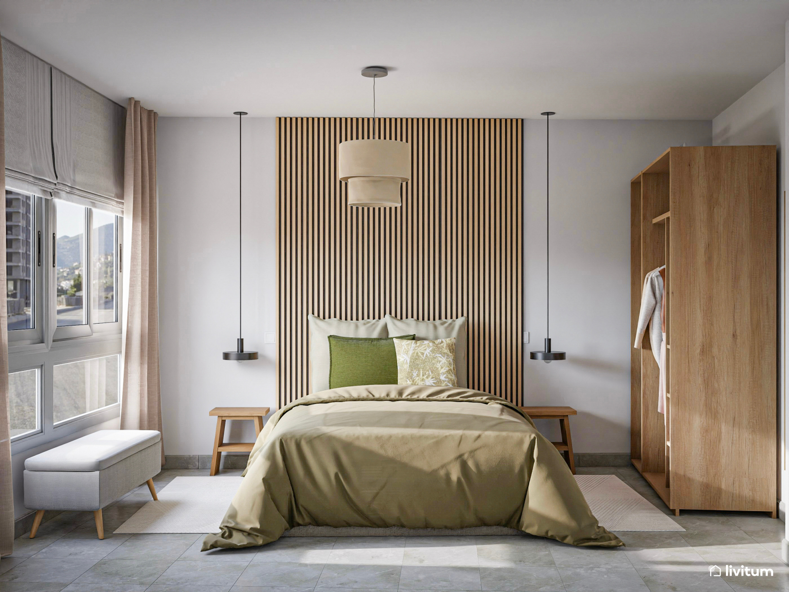 Dormitorio nórdico en verde y con listones de madera