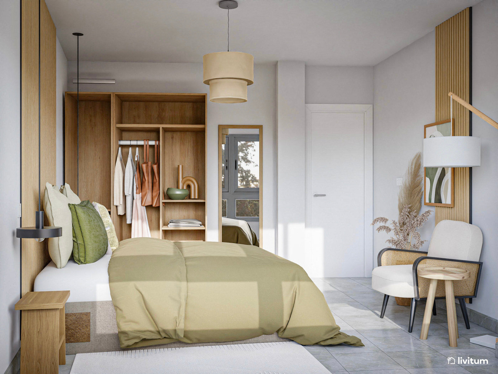 Dormitorio nórdico en verde y con listones de madera