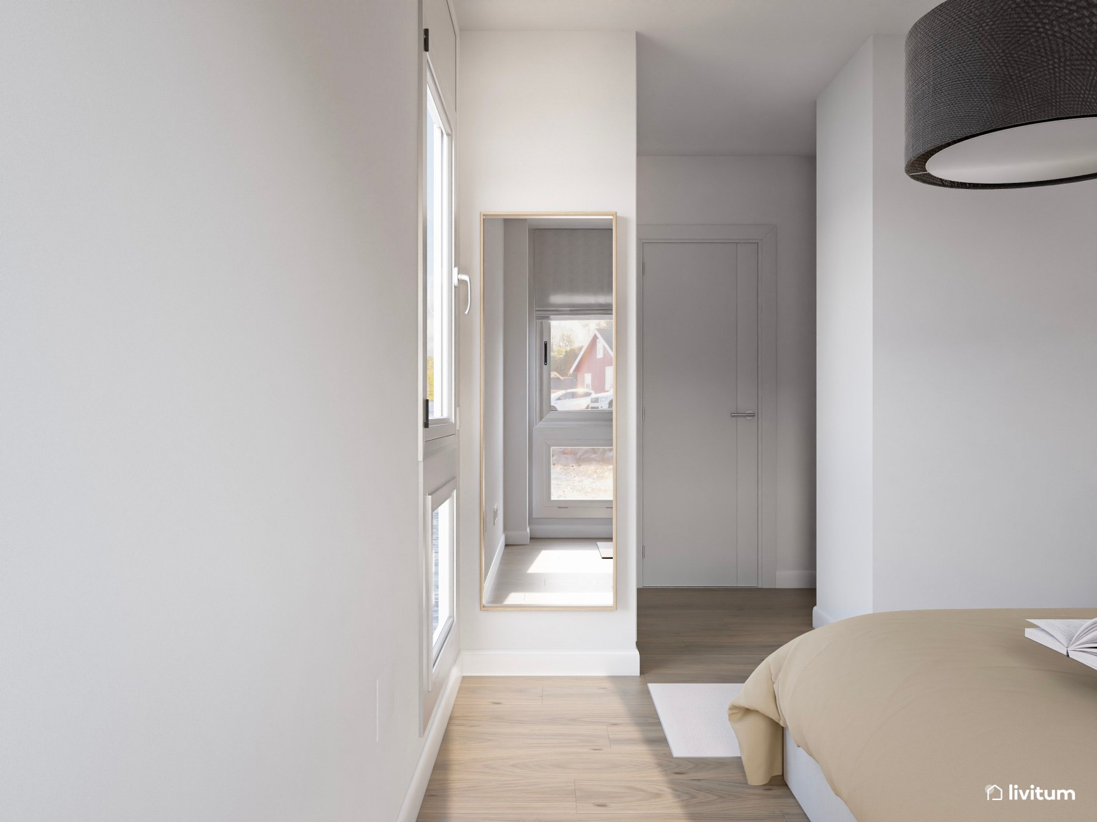 Dormitorio nórdico y minimalista con listones de madera 