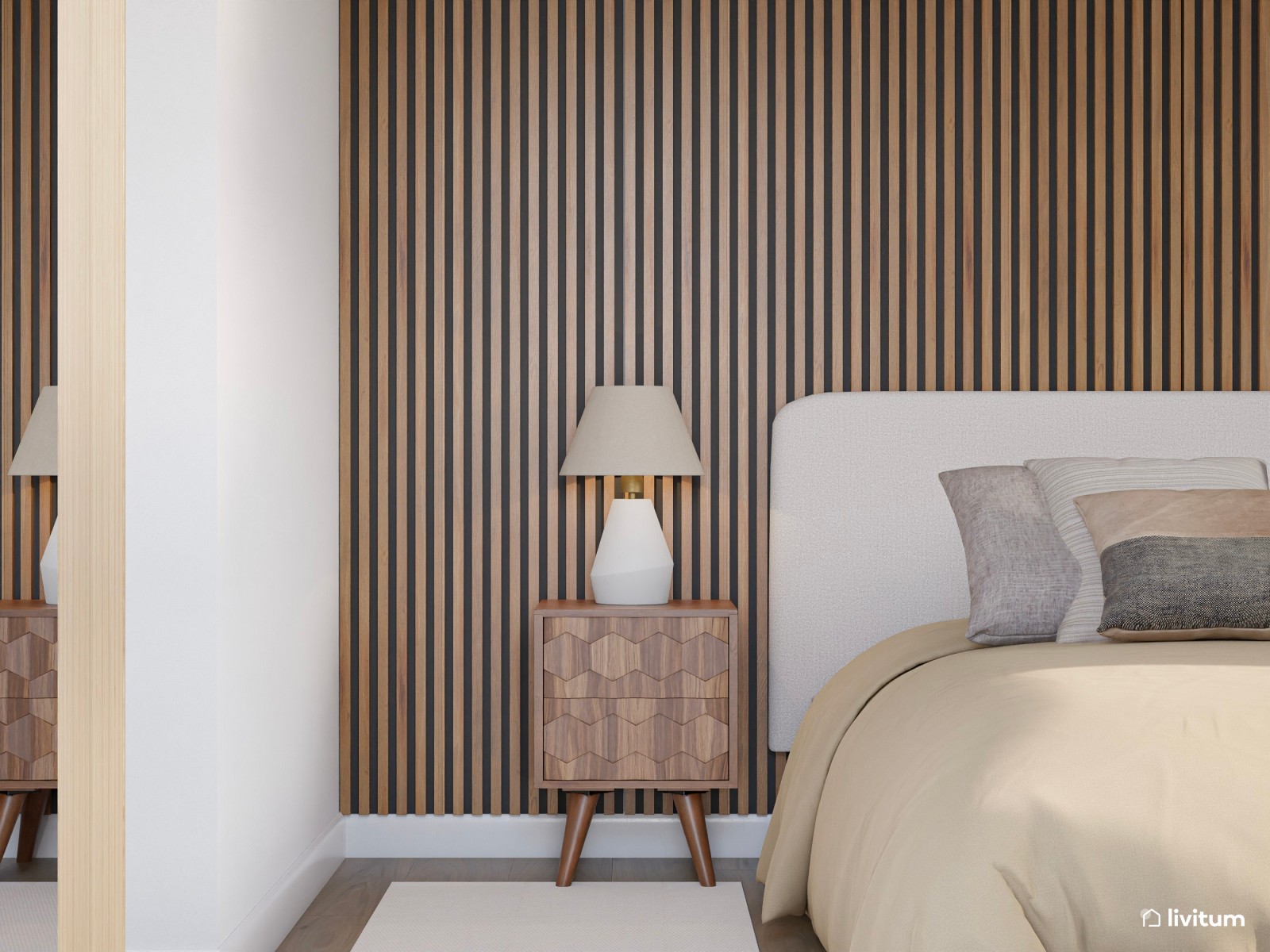 Dormitorio nórdico y minimalista con listones de madera 