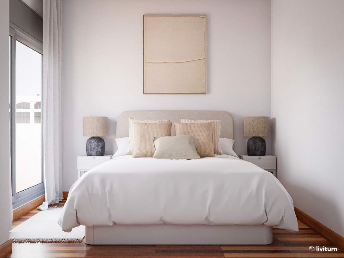Dormitorio nórdico y minimalista en tonos neutros