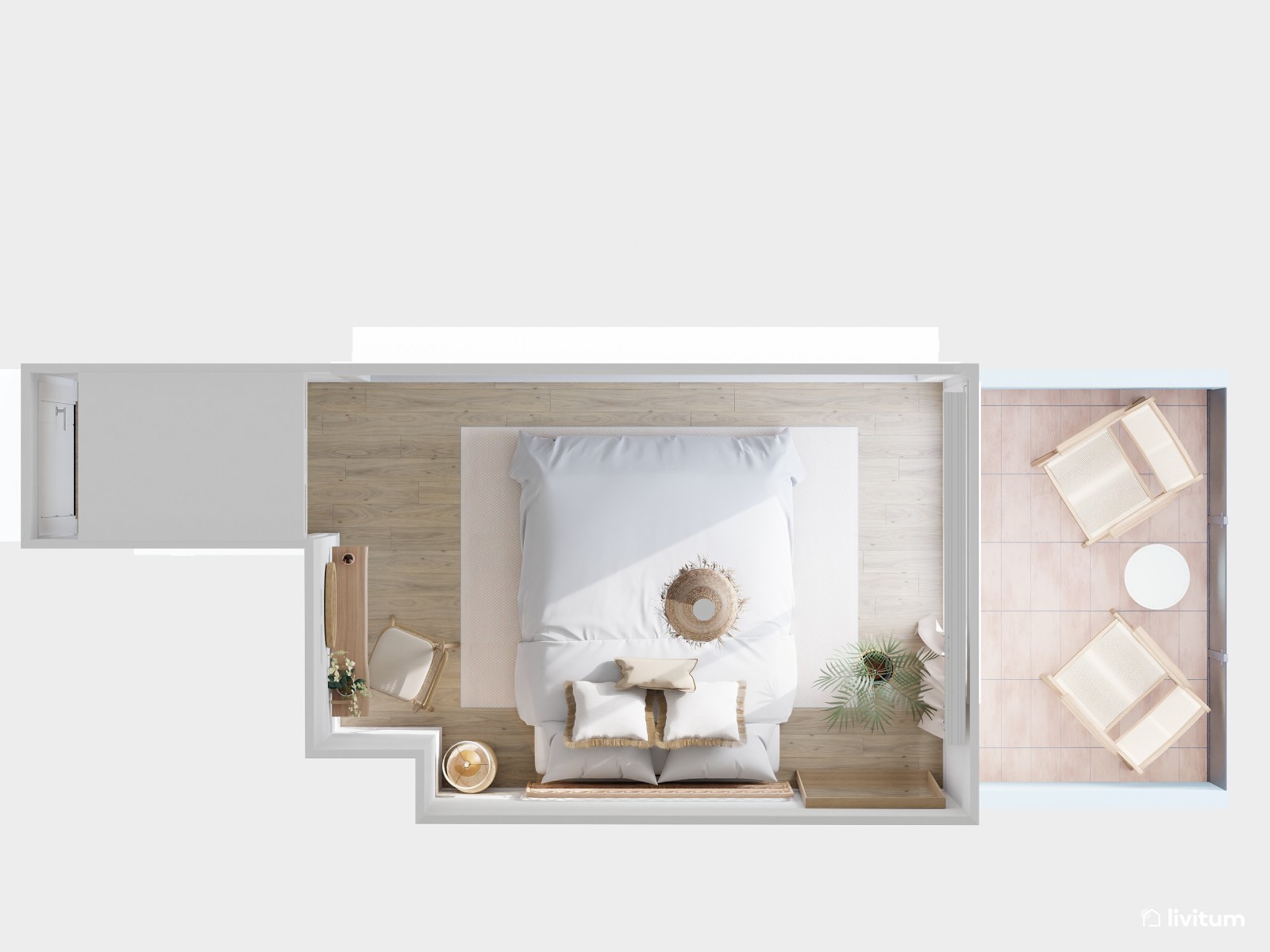 Dormitorio nórdico y rústico con cabecero de ratán 
