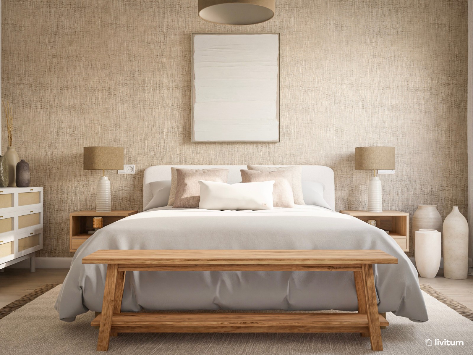 Dormitorio nórdico y rústico con texturas naturales 