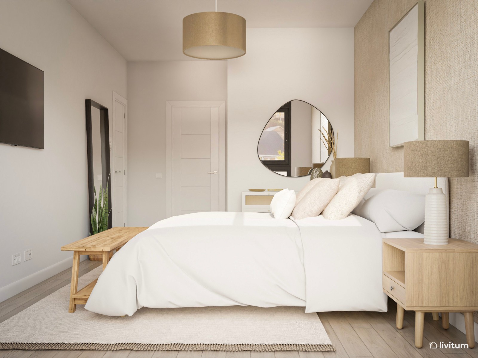 Dormitorio nórdico y rústico con texturas naturales 