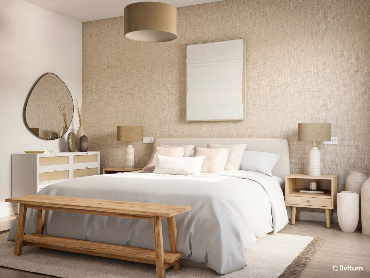Dormitorio nórdico y rústico con texturas naturales