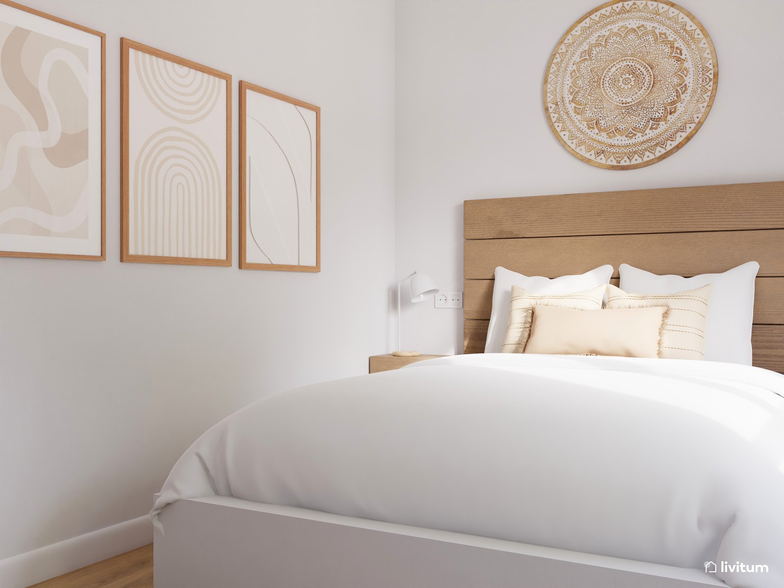 Dormitorio nórdico y rústico en blanco y madera 