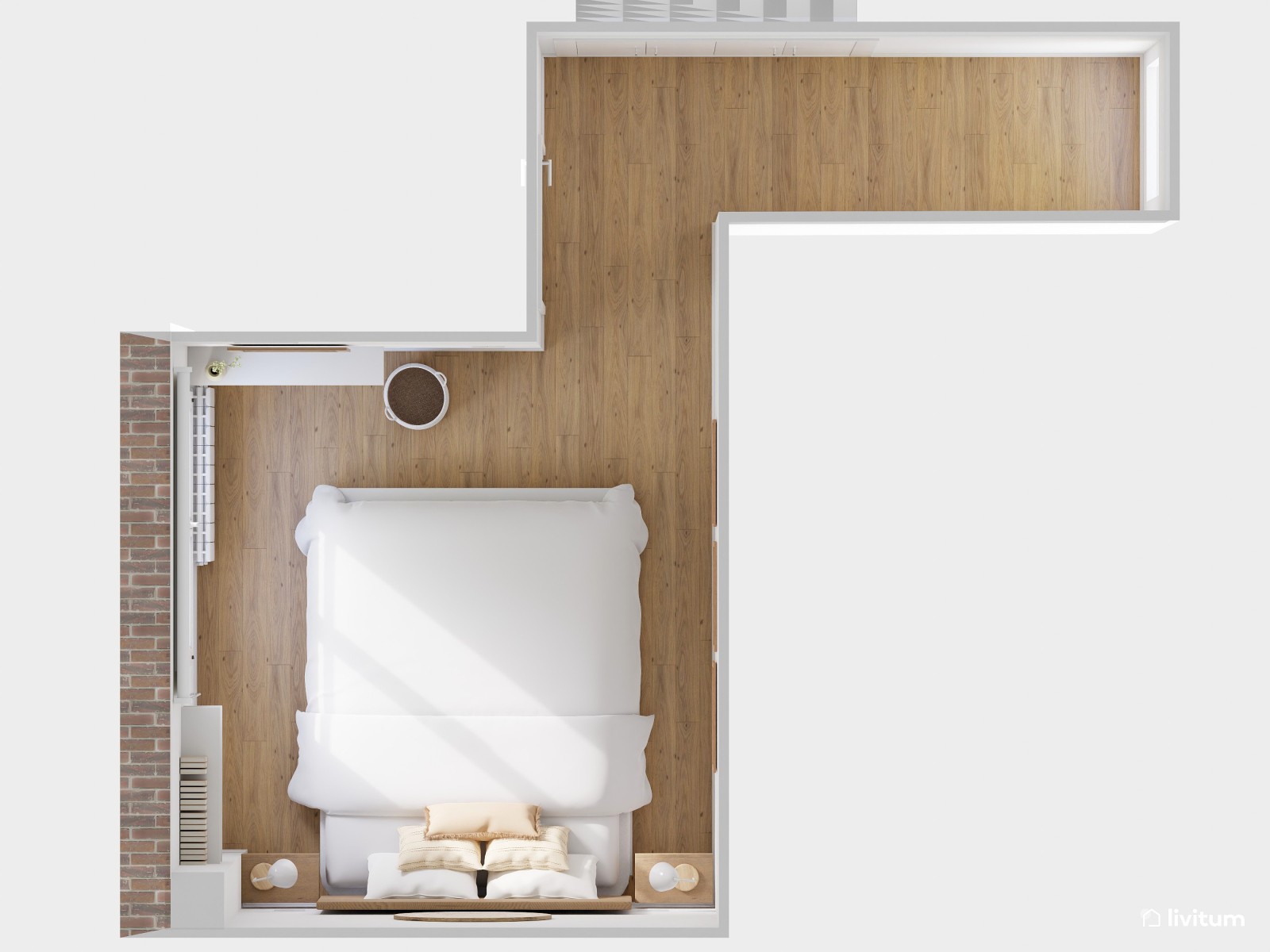Dormitorio nórdico y rústico en blanco y madera 
