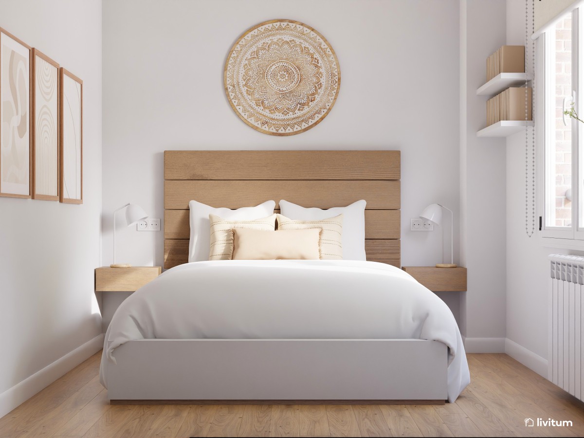 Dormitorio nórdico y rústico en blanco y madera