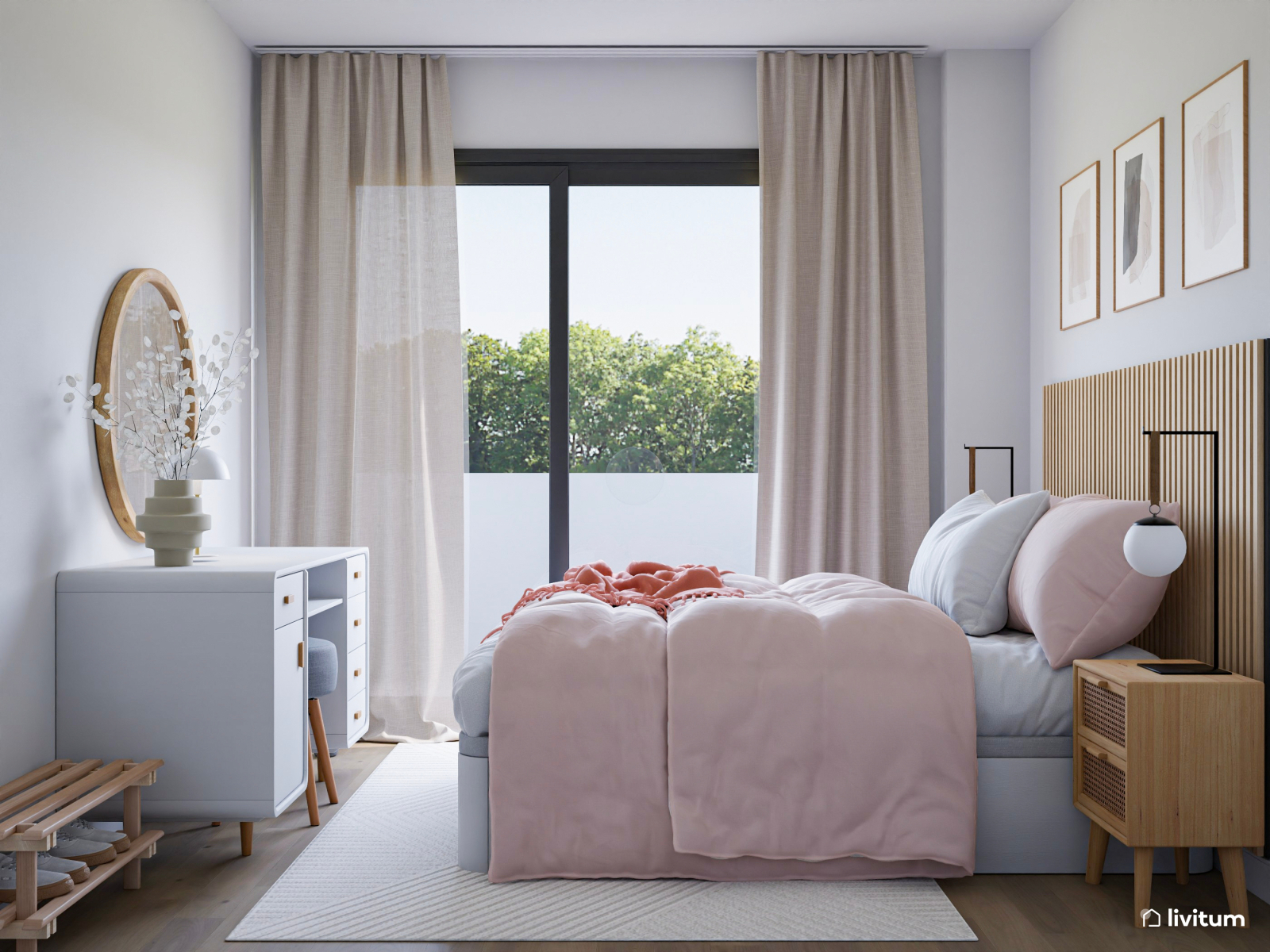 Dormitorio romántico con tocador decorado en blanco y rosa