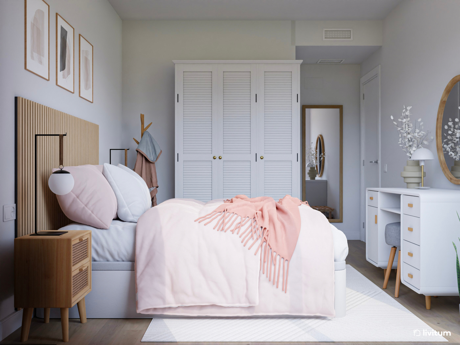 Dormitorio romántico con tocador decorado en blanco y rosa