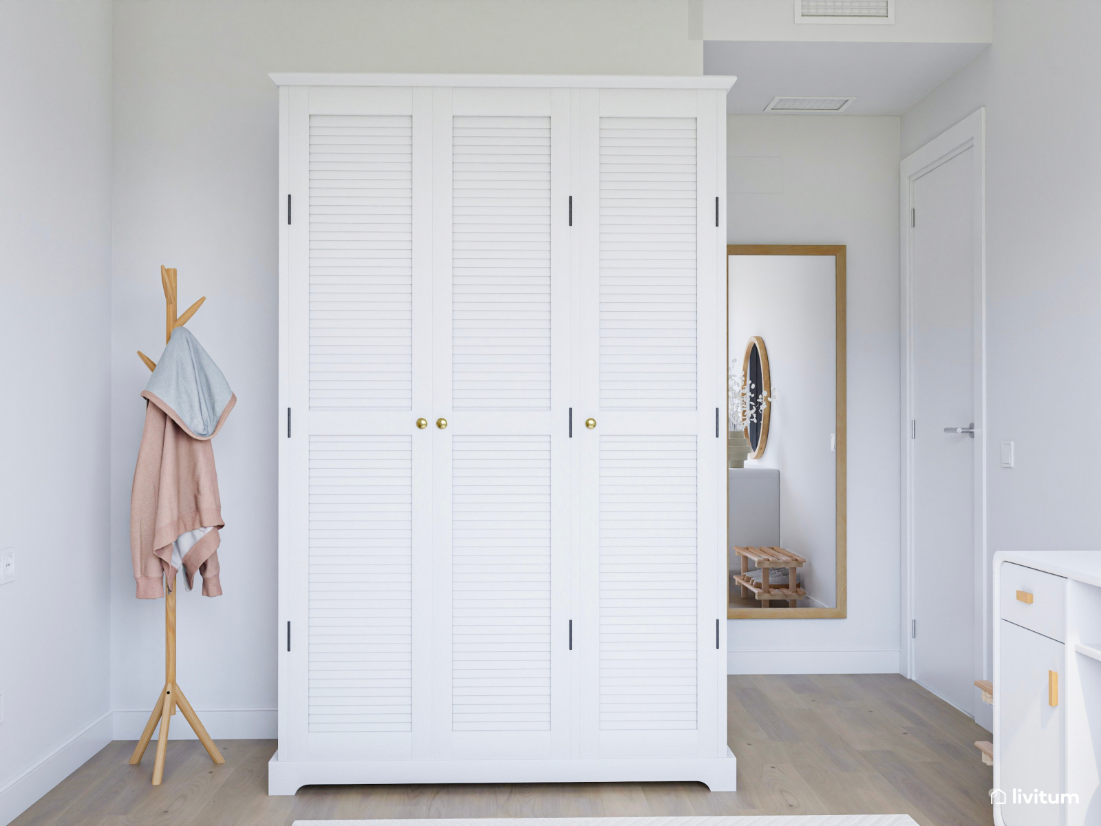 Dormitorio romántico con tocador decorado en blanco y rosa