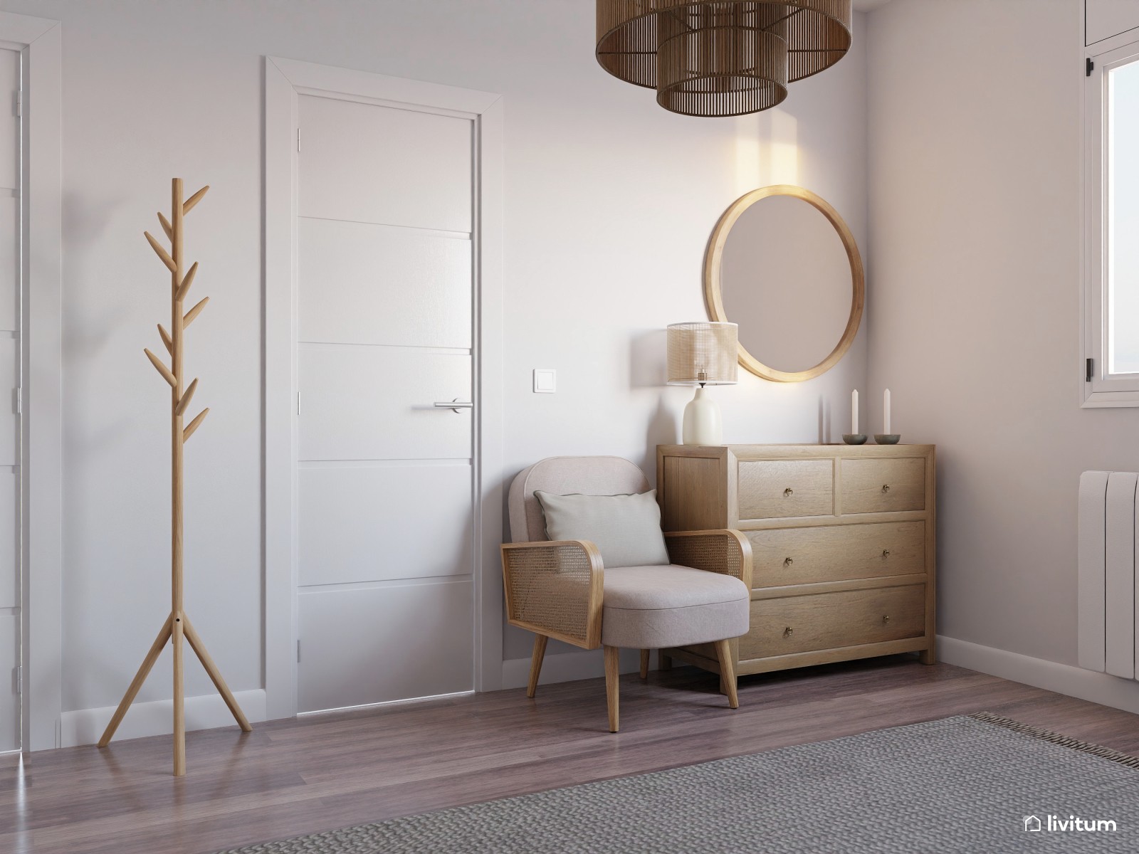 Dormitorio rústico con cabecero de madera maciza de fresno