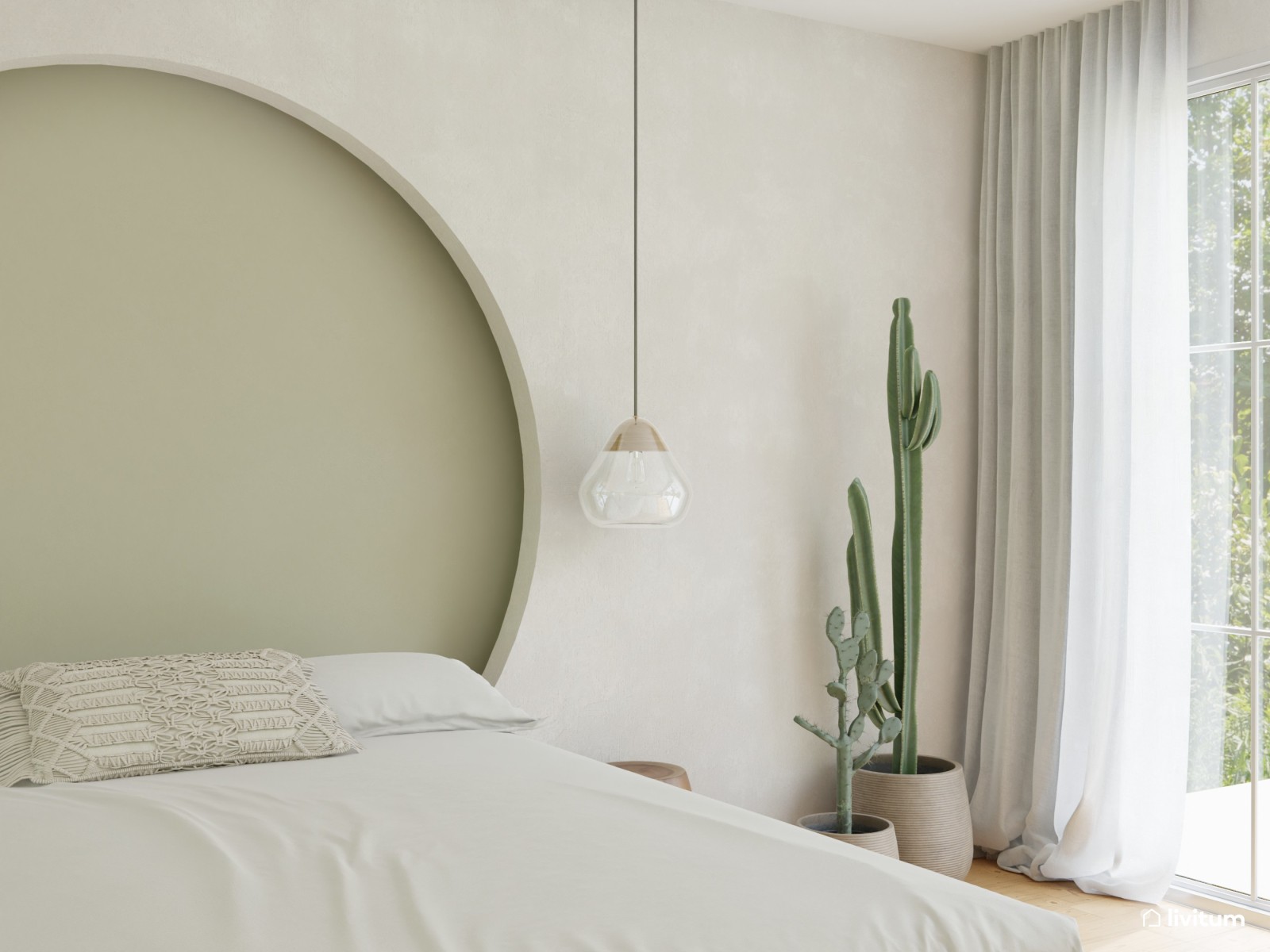 Dormitorio  rústico con cabezal verde 