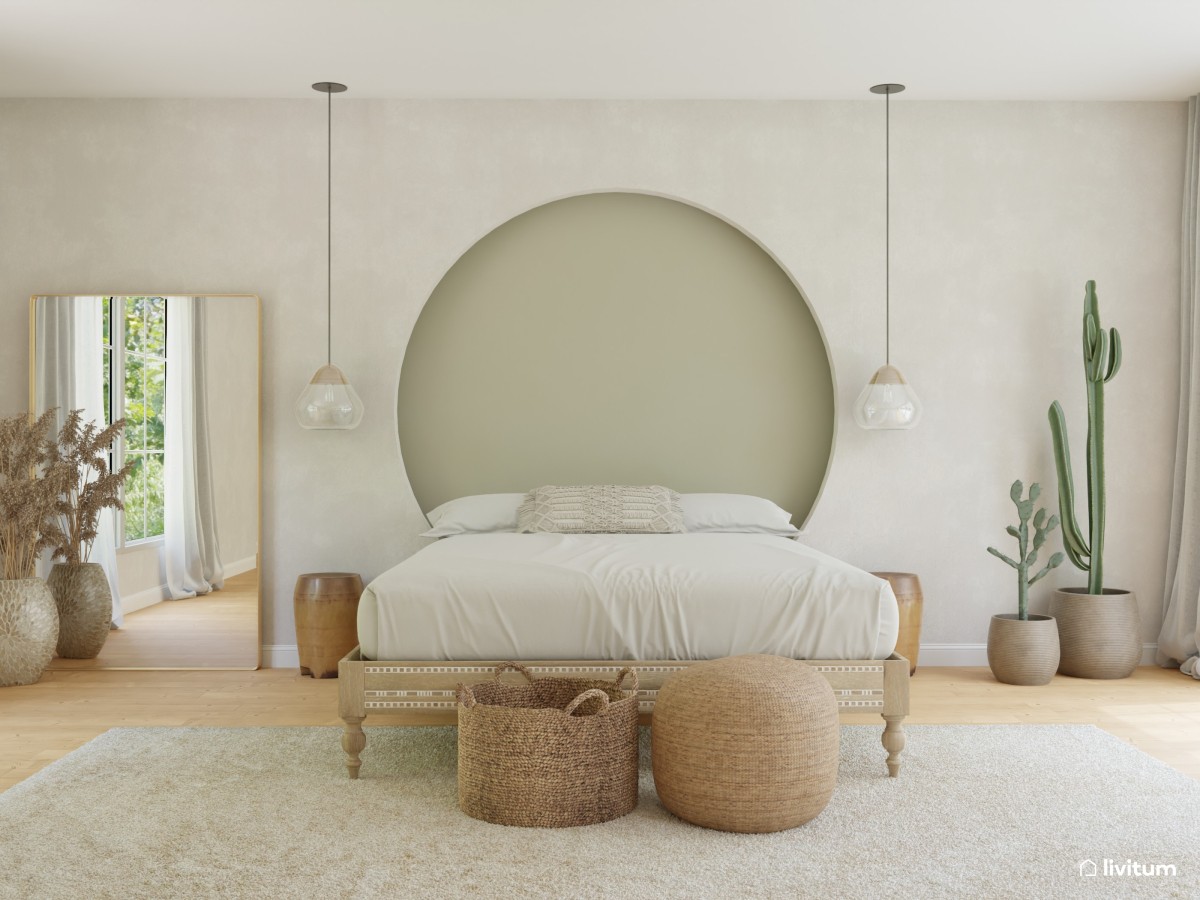 Dormitorio  rústico con cabezal verde