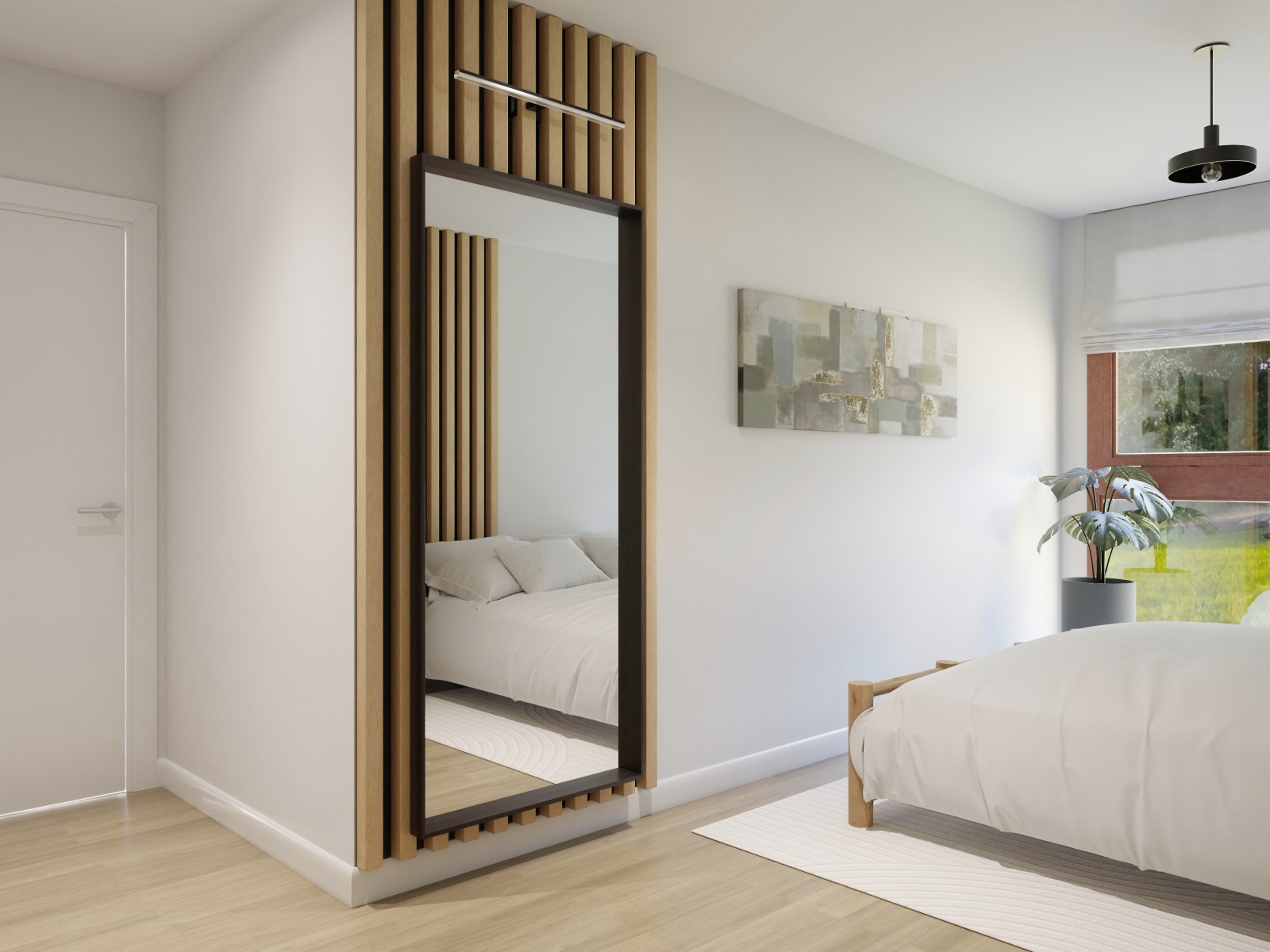 Dormitorio rústico con listones de madera 