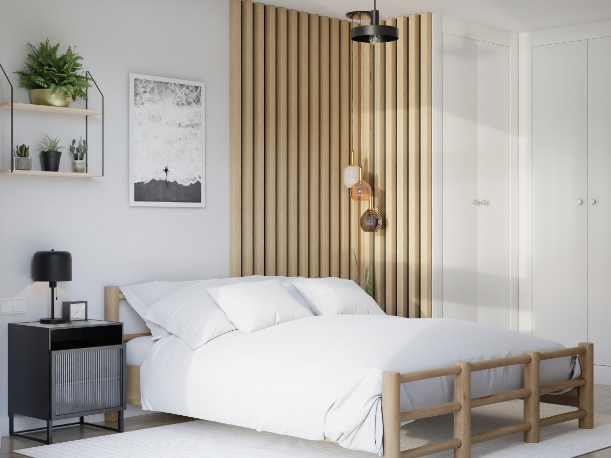 Dormitorio rústico con listones de madera