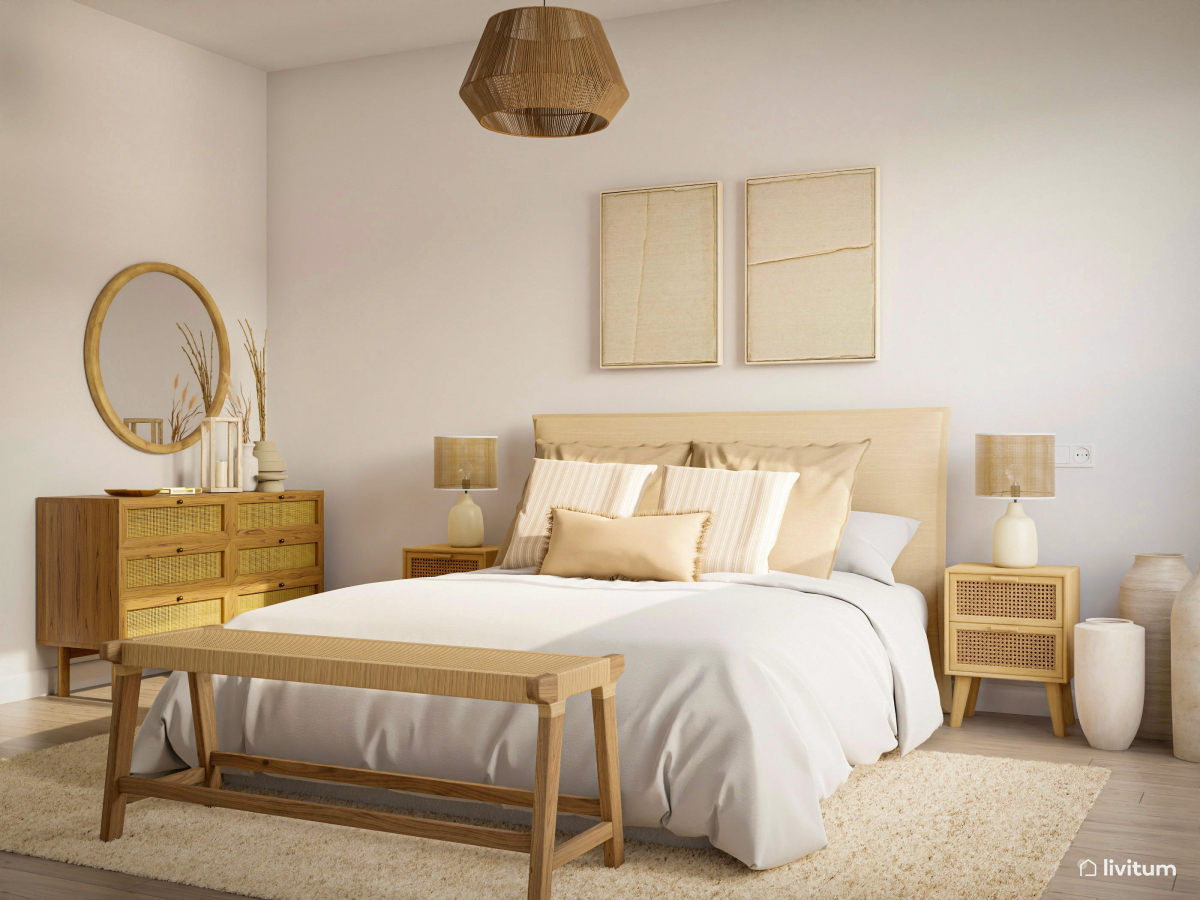 Dormitorio rústico con madera y fibras naturales