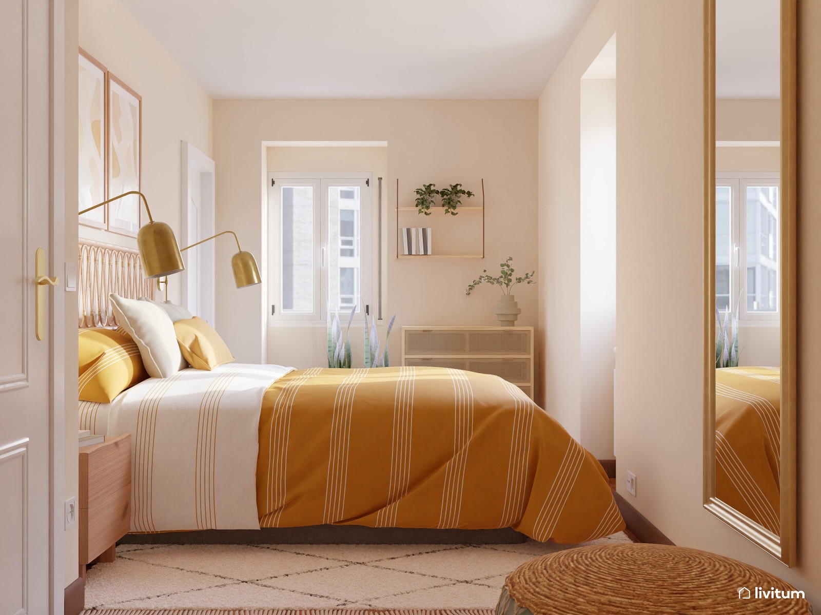 Dormitorio rústico en amarillo y madera 