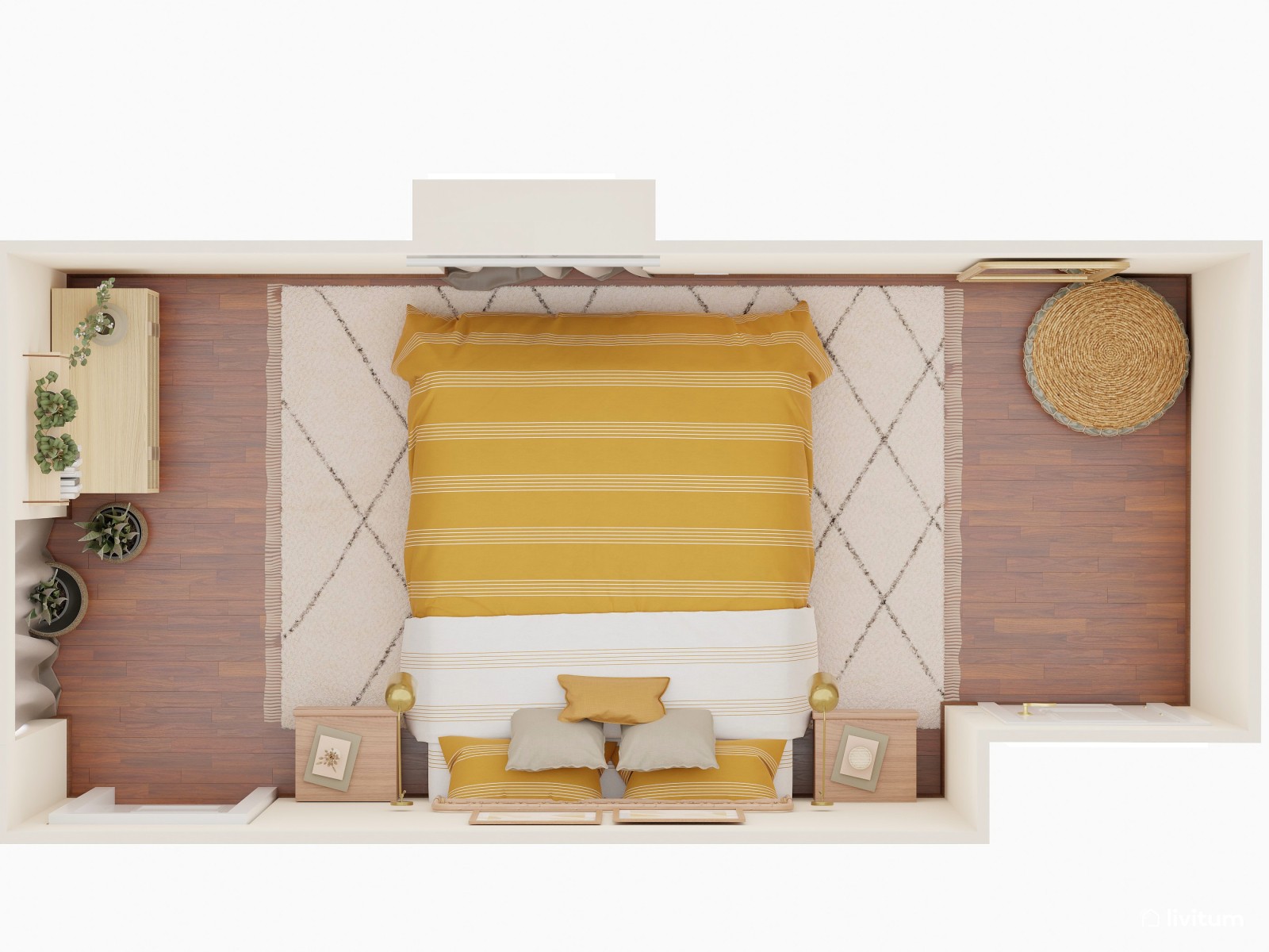 Dormitorio rústico en amarillo y madera 