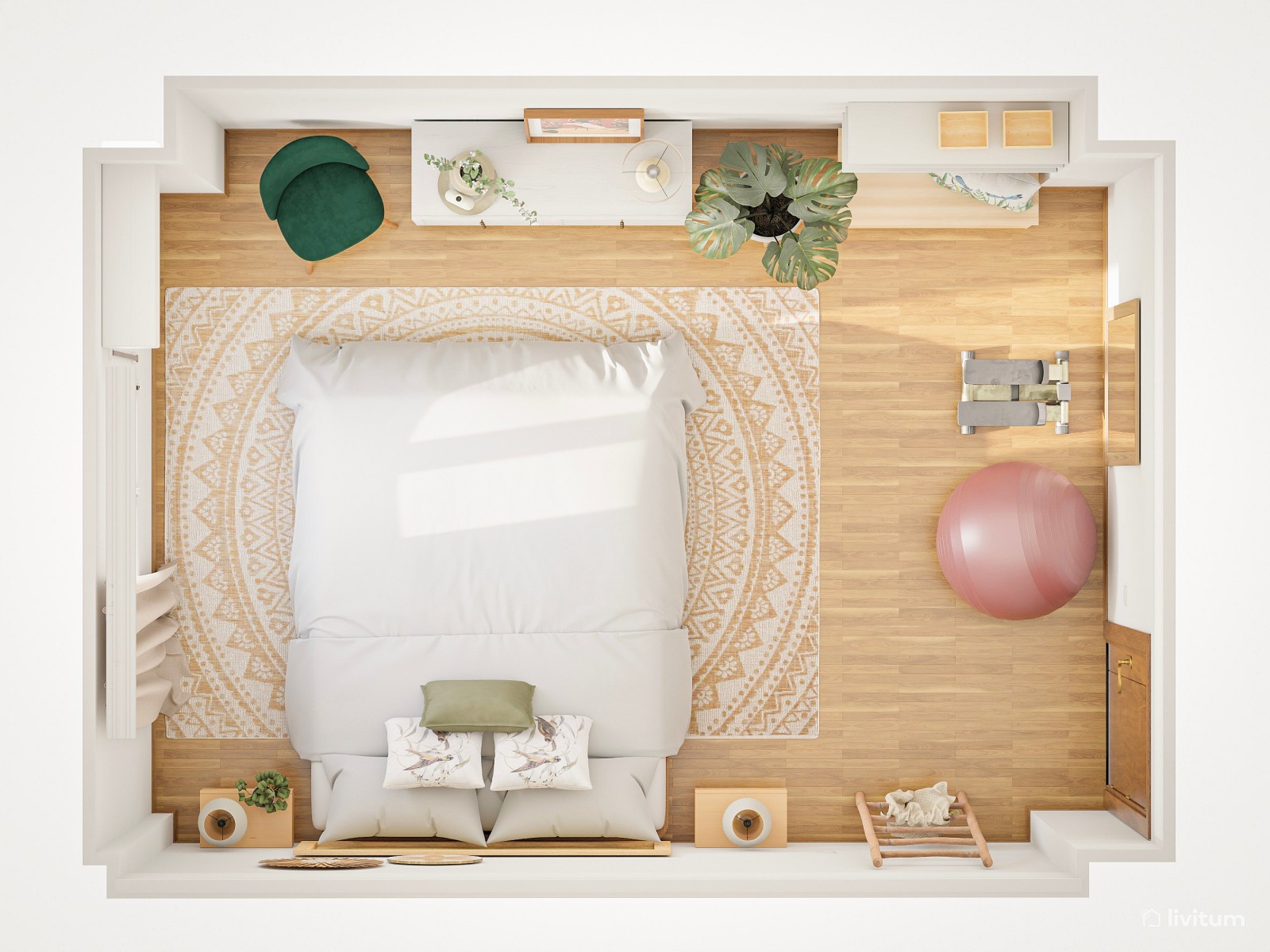 Dormitorio rústico en ratán y madera 