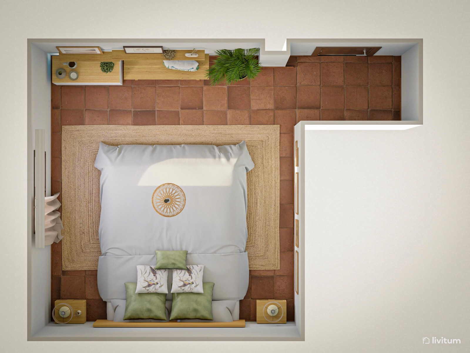 Dormitorio rústico y nórdico con toques verdes 