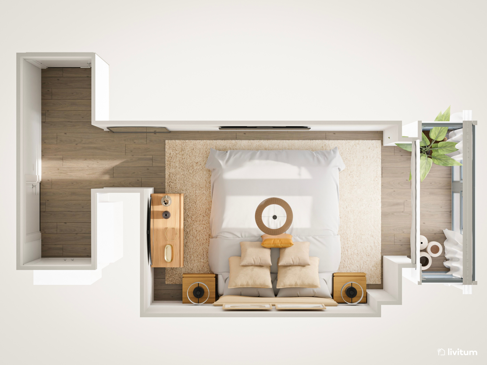 Dormitorio tranquilo de estilo moderno y tonos neutros 