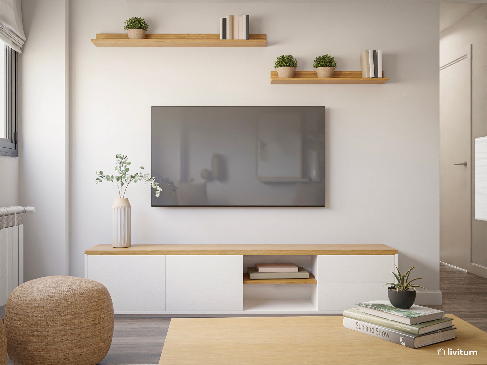 Elegancia nórdica en este salón comedor con cocina abierta 