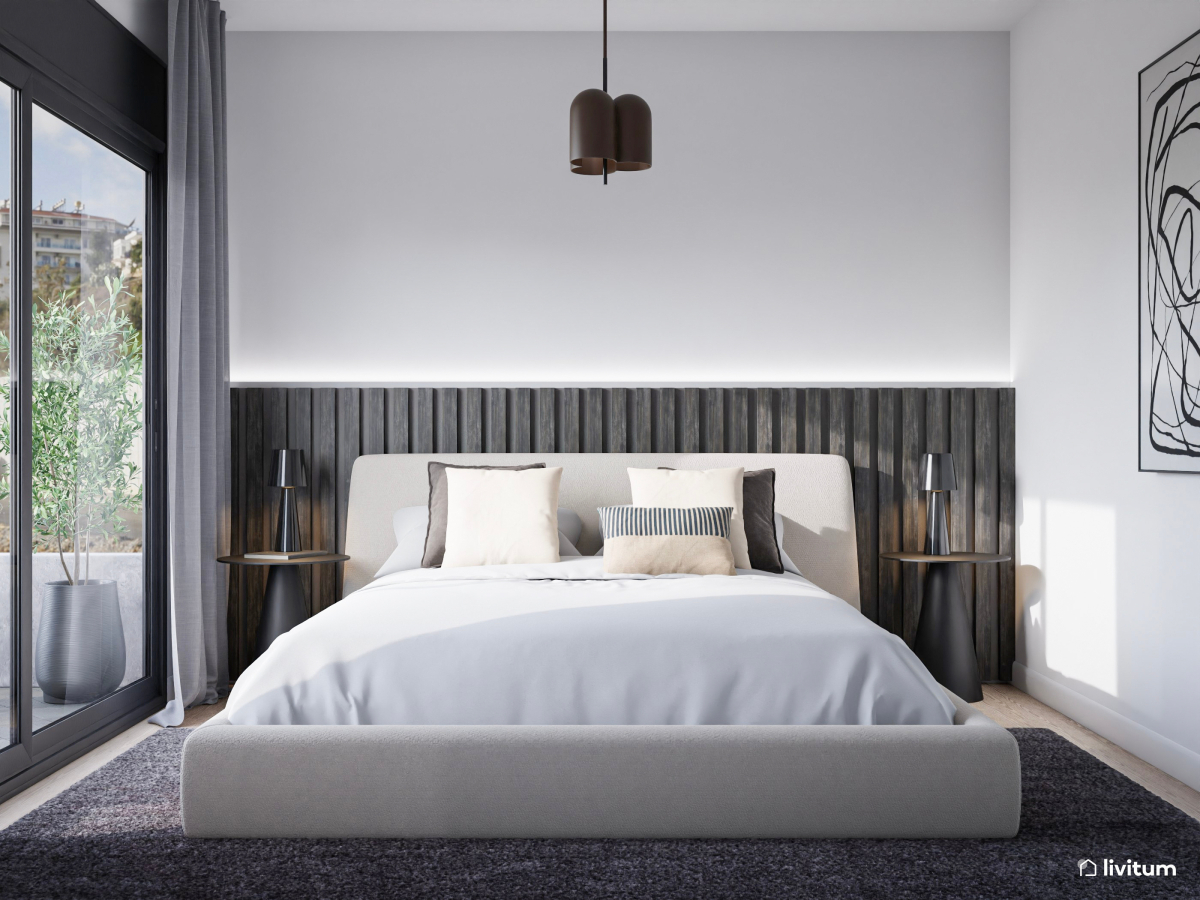 Elegante dormitorio con listones de madera oscuros