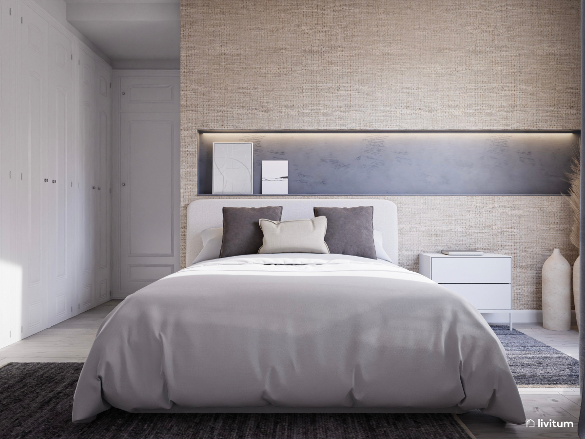 Elegante dormitorio de estilo moderno en beige y gris