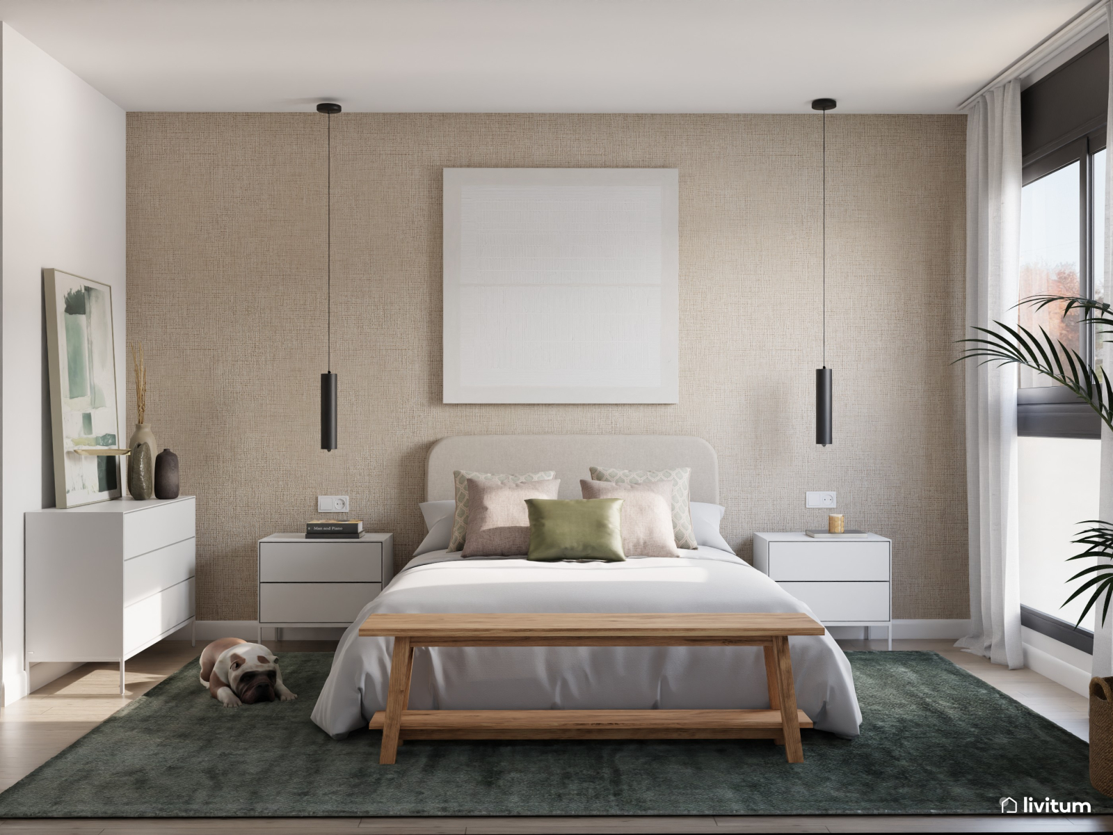 Elegante dormitorio en beige y con alfombra verde 