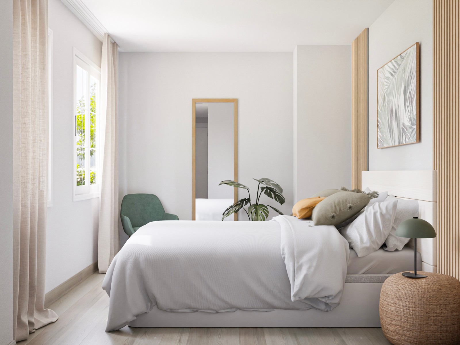 Elegante dormitorio en blanco, madera y verde 