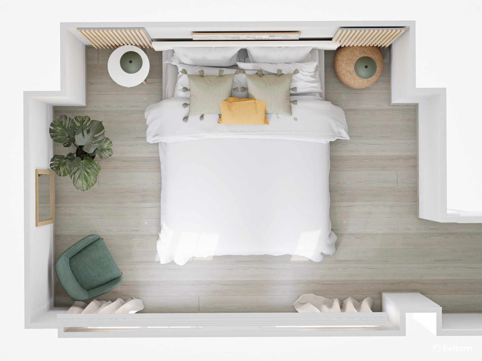 Elegante dormitorio en blanco, madera y verde 