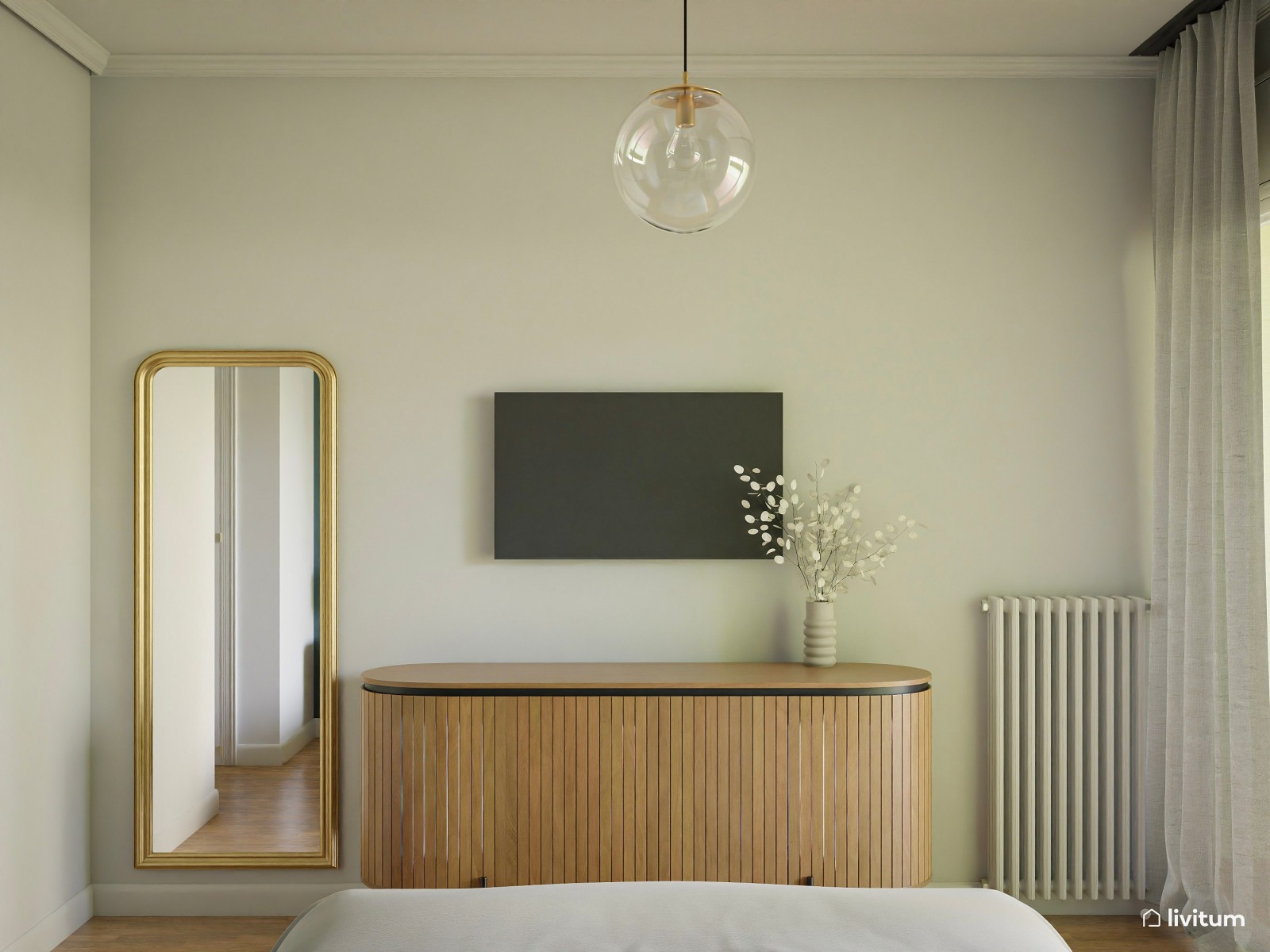 Elegante dormitorio en dorado, madera y verde 