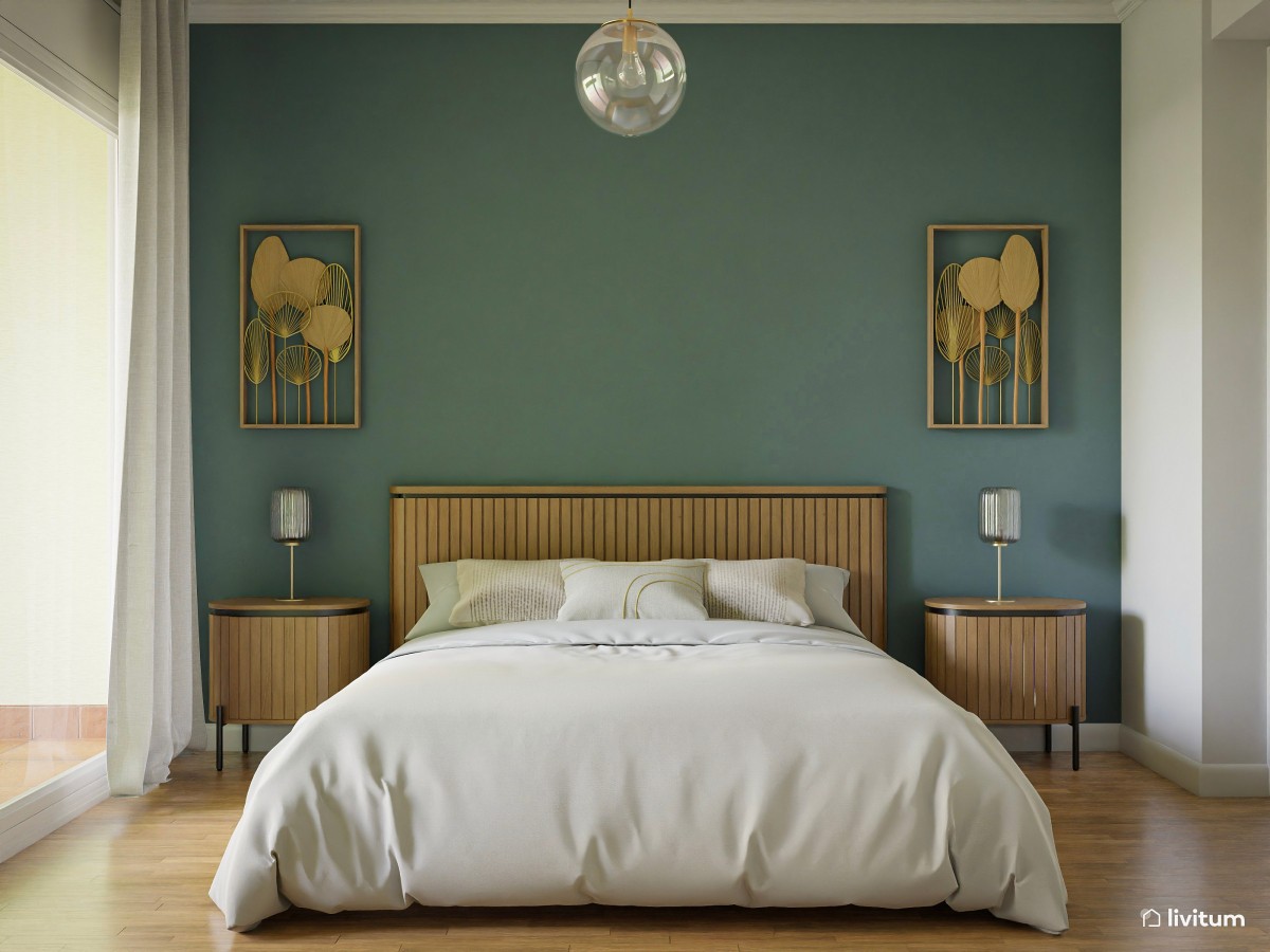 Elegante dormitorio en dorado, madera y verde