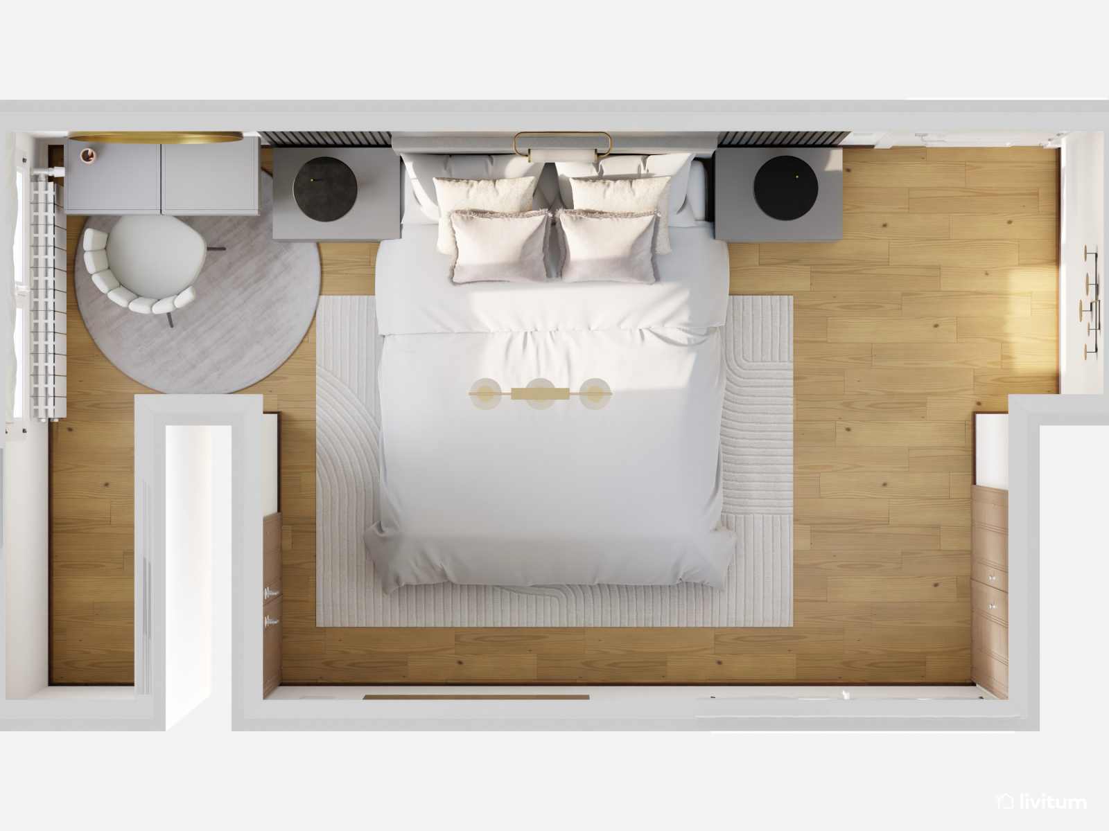 Elegante dormitorio en negro con listones de madera 