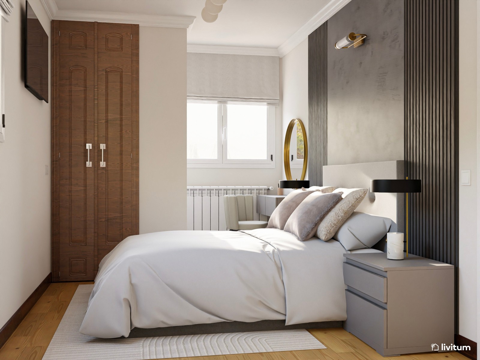 Elegante dormitorio en negro con listones de madera 