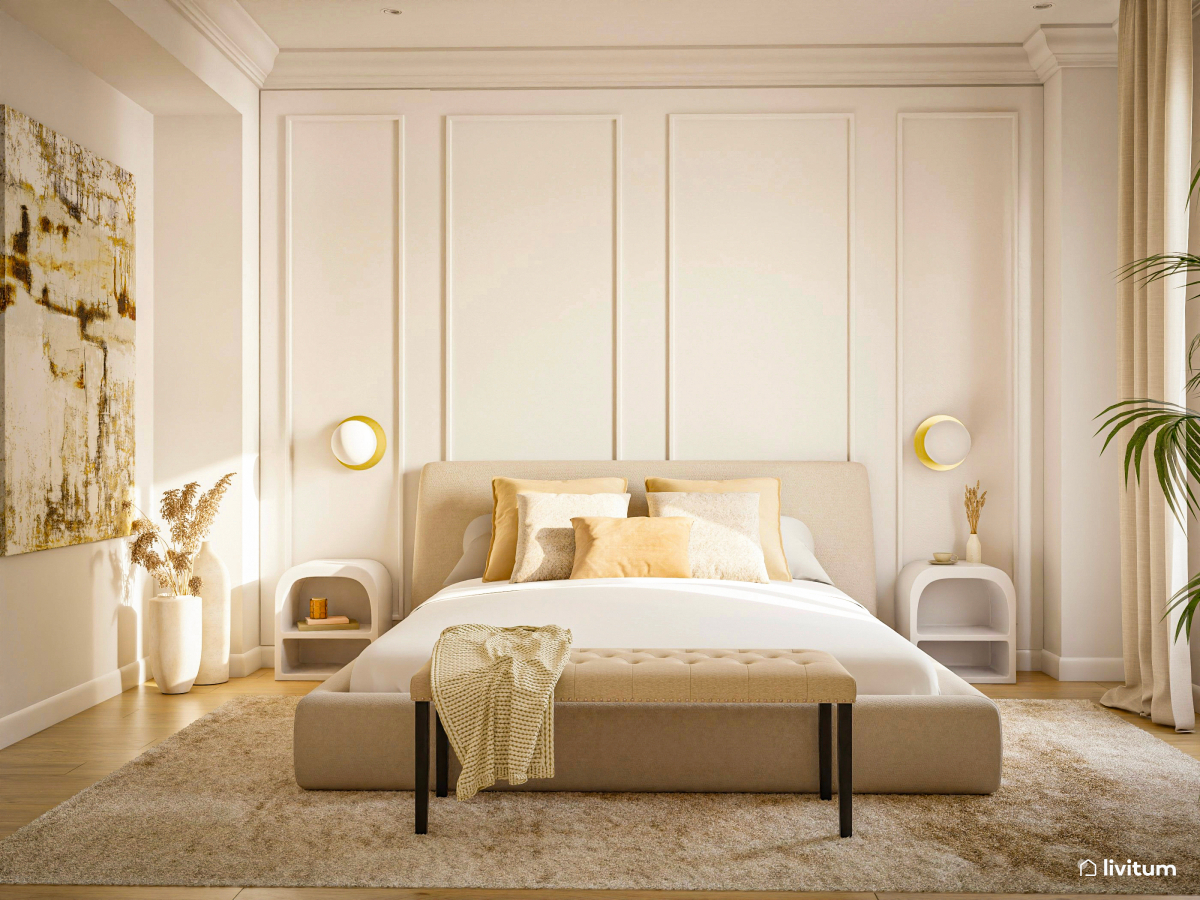 Elegante dormitorio moderno con molduras