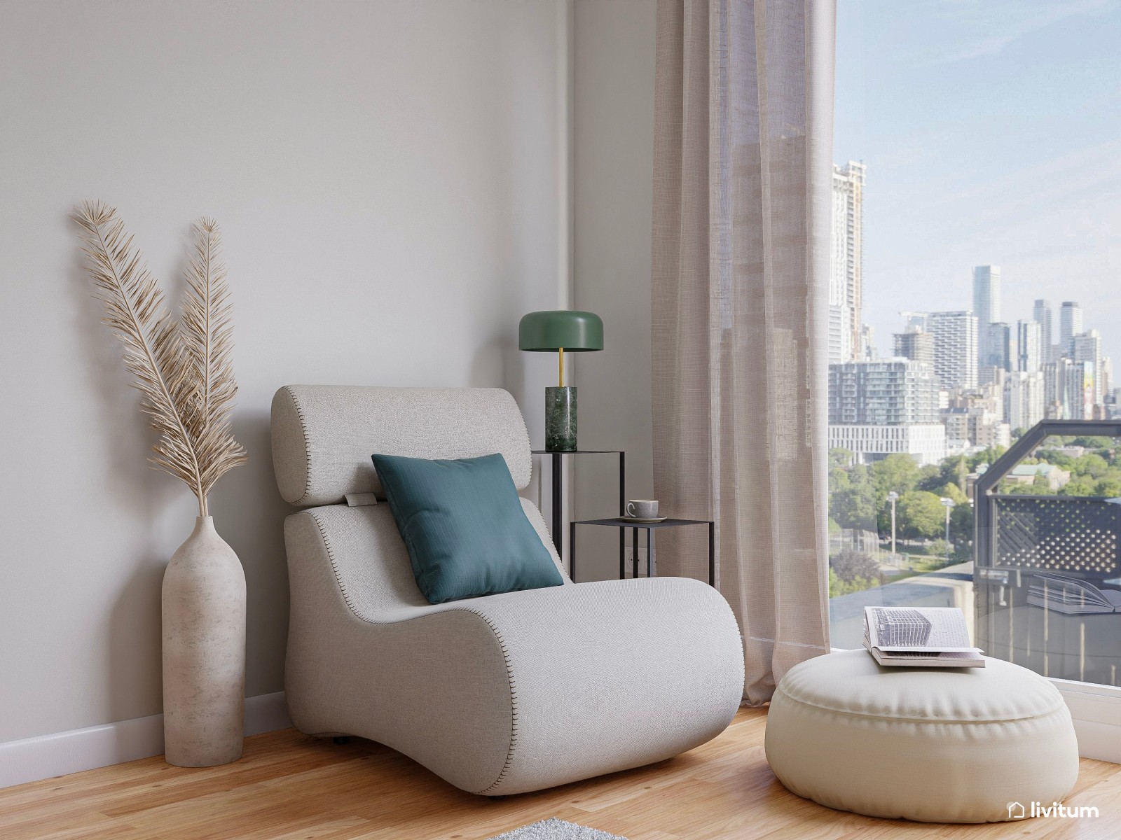 Elegante dormitorio nórdico con zona de lectura