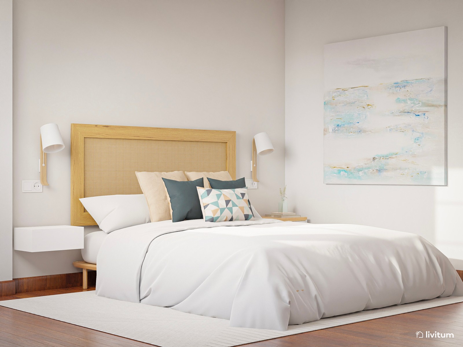 Elegante dormitorio nórdico en blanco , madera y verde 