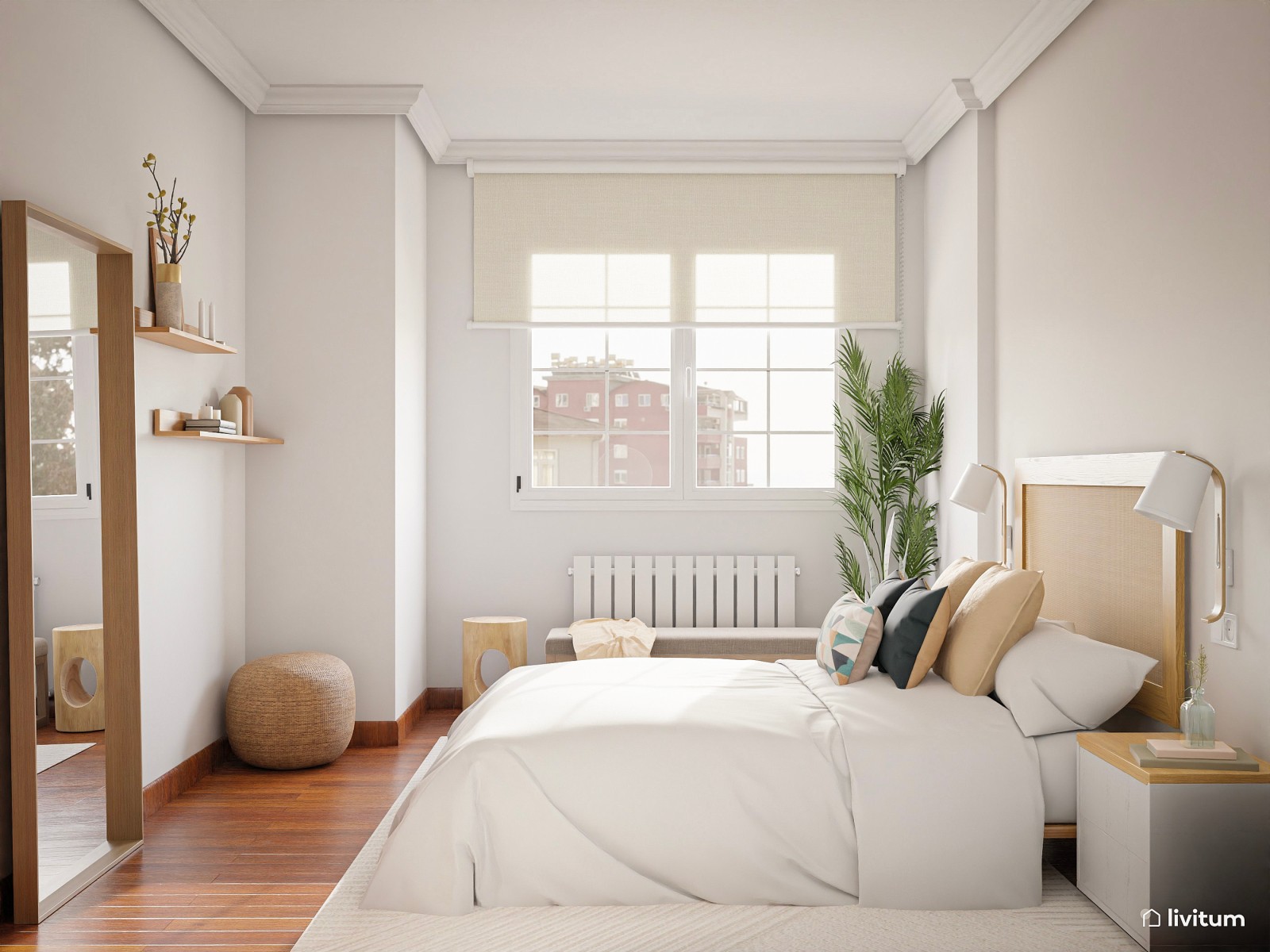Elegante dormitorio nórdico en blanco , madera y verde 