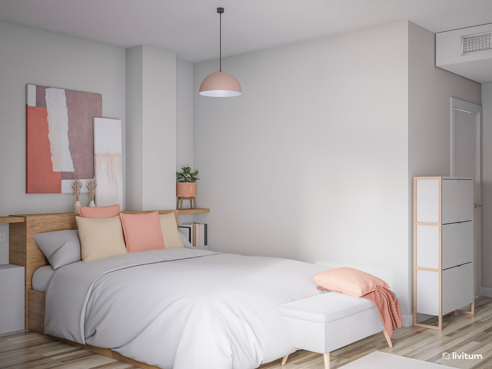 Elegante dormitorio nórdico en blanco y rosa 