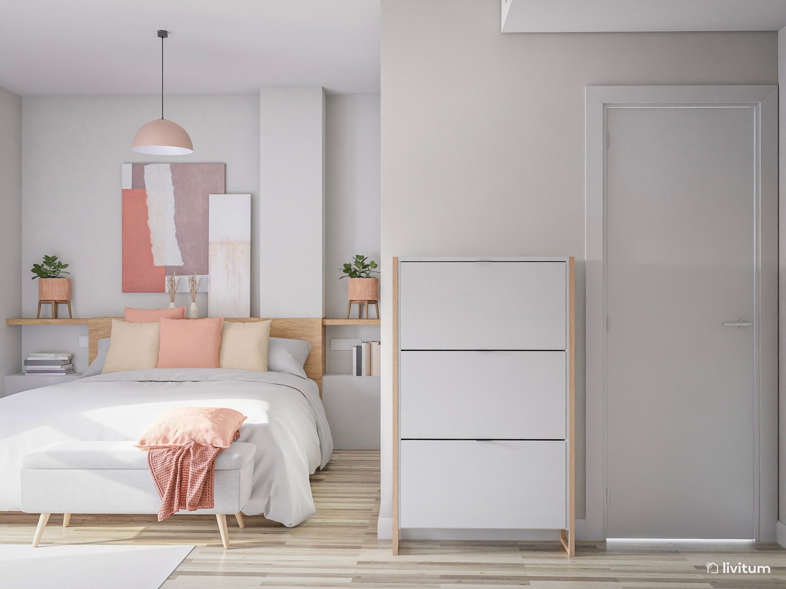 Elegante dormitorio nórdico en blanco y rosa 