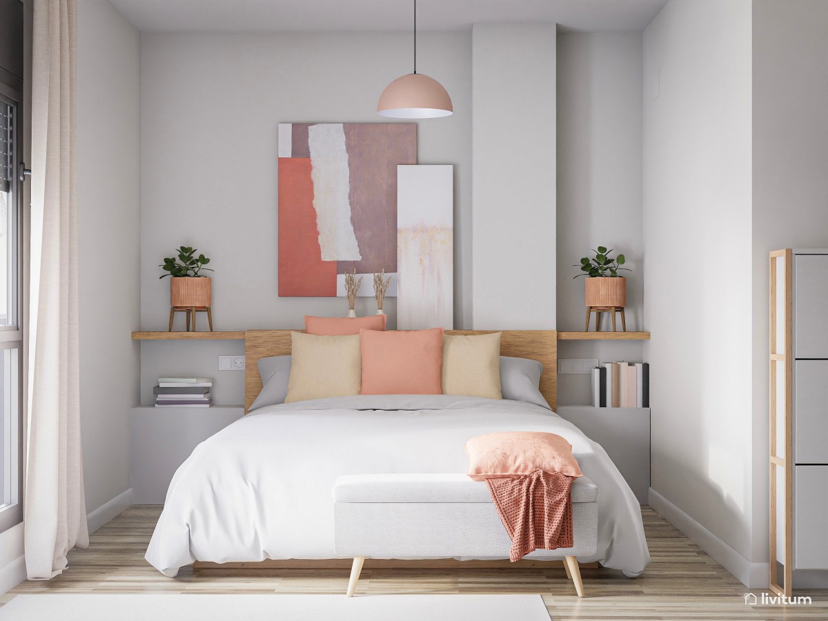 Elegante dormitorio nórdico en blanco y rosa