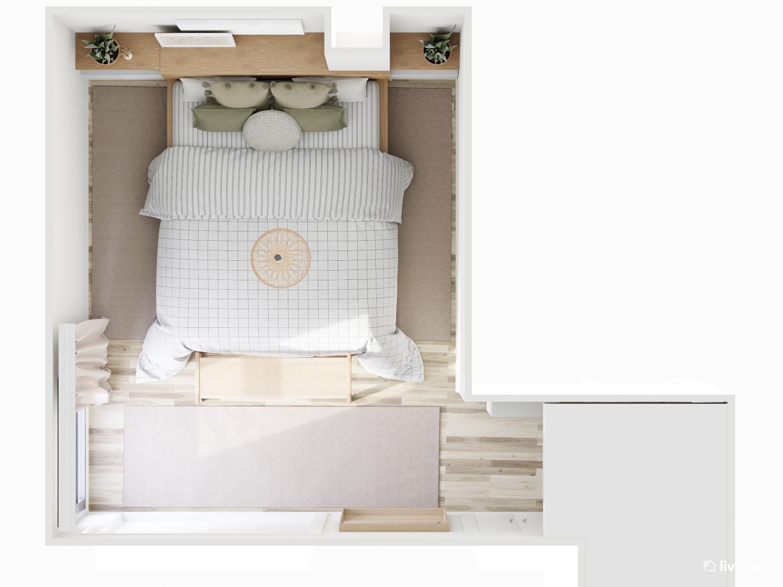 Elegante dormitorio rústico en blanco y verde 