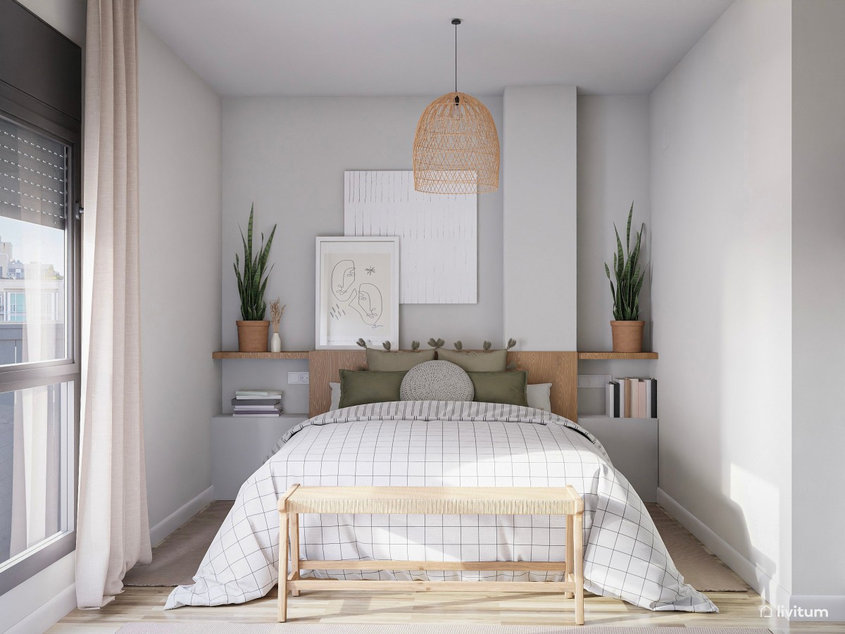 Elegante dormitorio rústico en blanco y verde