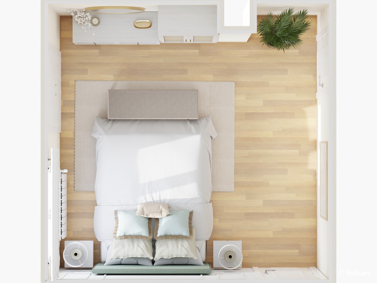 Elegante dormitorio vintage en blanco y verde menta