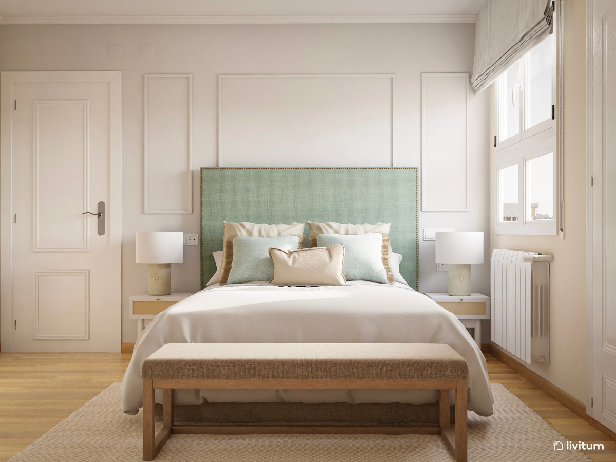 Elegante dormitorio vintage en blanco y verde menta