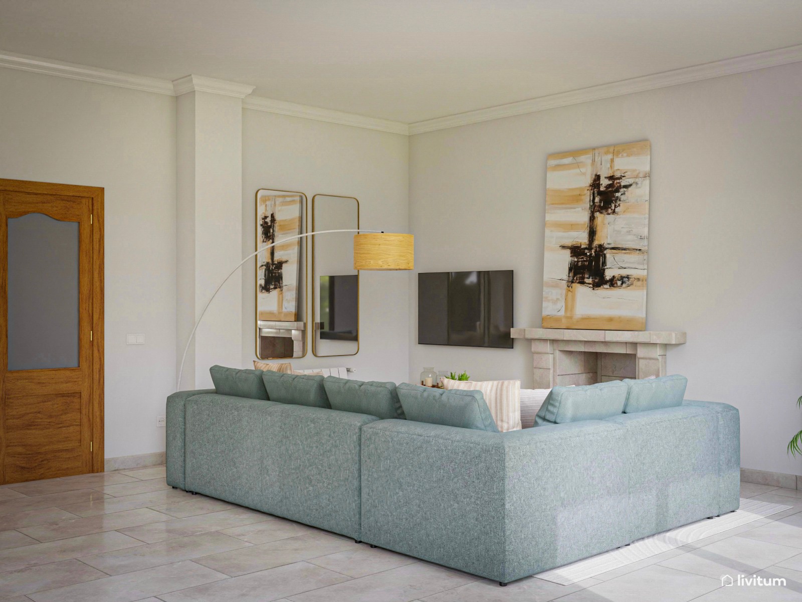 Elegante salón comedor con sofá verde y listones de madera 