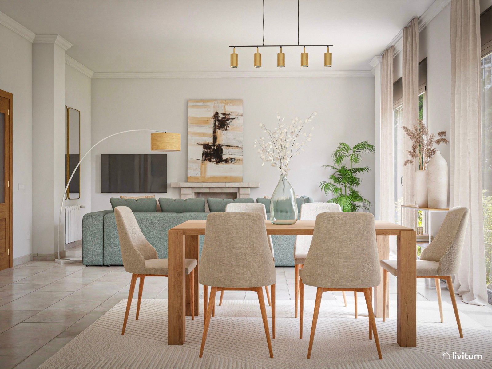 Elegante salón comedor con sofá verde y listones de madera 